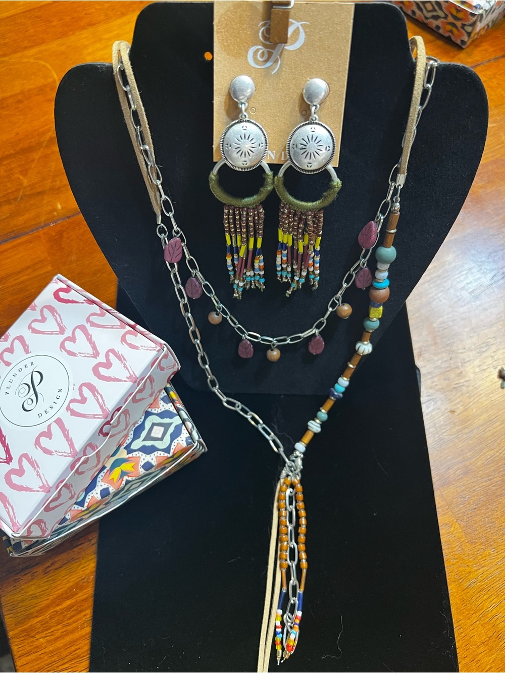 Olive Green Beaded Fringe Earrings and Multicolor Necklace Set